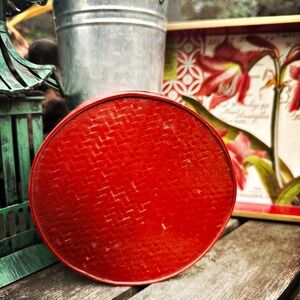 Cinnabar Red Lacquered Asian Woven Round Basket Box.